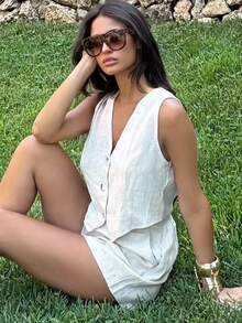 Ronhire 2pcs Women V-Neck Sleeveless Button Blouse And Loose Casual Shorts Set  Two-Piece V-Neck Vest Suit - Apricot - View 6