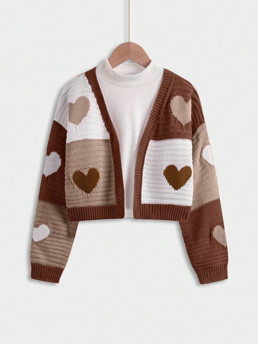 Tween Girls Knitted Cardigan,Brown Heart Color Block Long Sleeve Sweater Top,Cute Autumn Sunday Back-To-School Style,Casual Daily Wear Fall Winter - Multicolor - View 1