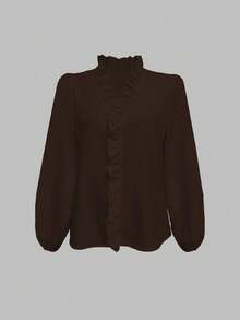 EMERY ROSE Women's Solid Color Ruffle Pleated Long Sleeve Blouse Fall Cloth For Women - Coffee Brown - View 4