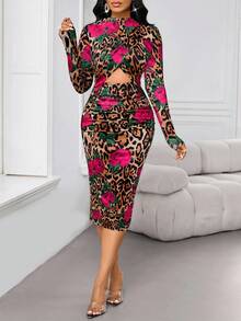 SHEIN Lady Váy ôm sát cổ khoét sâu họa tiết da báo màu hồng Váy đêm giao thừa Váy mùa đông - Nhiều màu - Xem 4