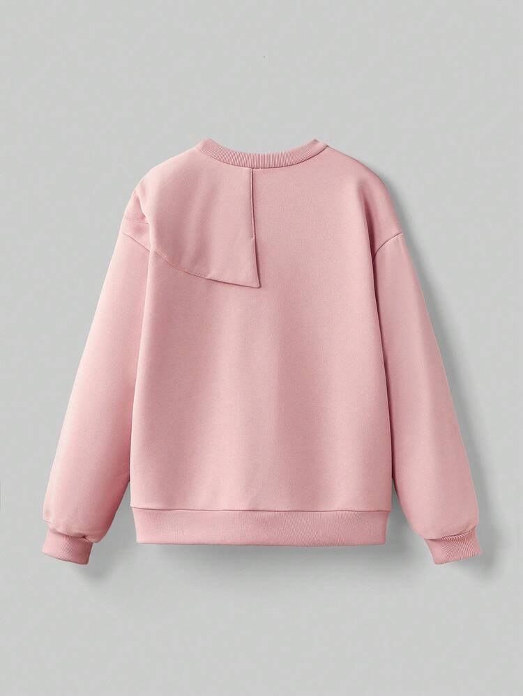 Tween Girl Round Neck Bow Decor Sweatshirt Fall Winter