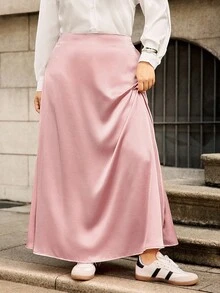 Elenzga Plus Size Elegant Satin Silk Shiny Texture Skirt - Baby Pink - View 8