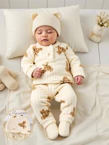 SHEIN Newborn Baby Bear Print Top And Pants Set Fall Winter - Multicolor - View 1