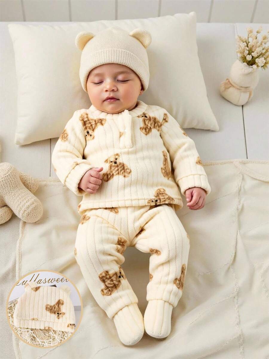 SHEIN Newborn Baby Bear Print Top And Pants Set Fall Winter - Multicolor - View 1