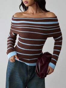 Islaluna Women's Elegant Fashion Simple Versatile Turtleneck Sweater, Fitted Ribbed Colorblock Design, Autumn Striped Off The Shoulder Sweater Off The Shoulder Brown Sweater Brown And Blue Striped Top Off Shoulder Sweater Women Brown Striped Top Fall Winter Cloth For Women