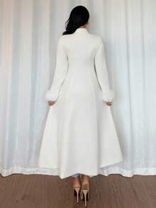 Rafferiza 女式纯色长袖仿皮草袖口纽扣长款优雅大衣，秋冬 - 米色 - 查看 2