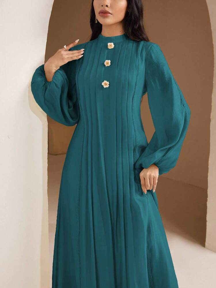 Veilorie Women's Elegant Floral Decor Stand Collar Lantern Sleeve Pleated Dress - Teal Blue - View 6