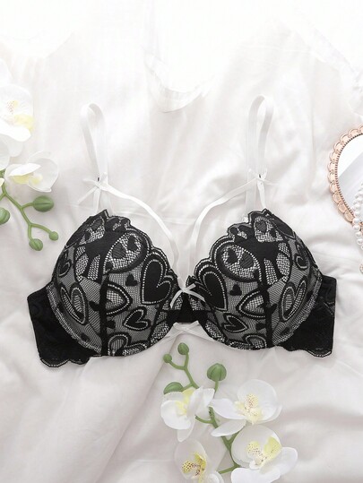 DelicateAllure 3/4 Cup Push-Up Underwire Bra, Sweet, Cute, Romantic, Contrast Color, Heart-Shaped Lace, Bowknot, Ribbon, Sexy, Women's Lingerie Bra, Black, Pink  Cozy And Elegant Details
