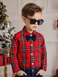 SHEIN 1 Stück Kariertes Hemd im britischen Stil für Kleine Jungen - klassisches Mehrfarbkariert + marineblauer Schleifen, geeignet für Partys und den Alltag, Frühling/Herbst