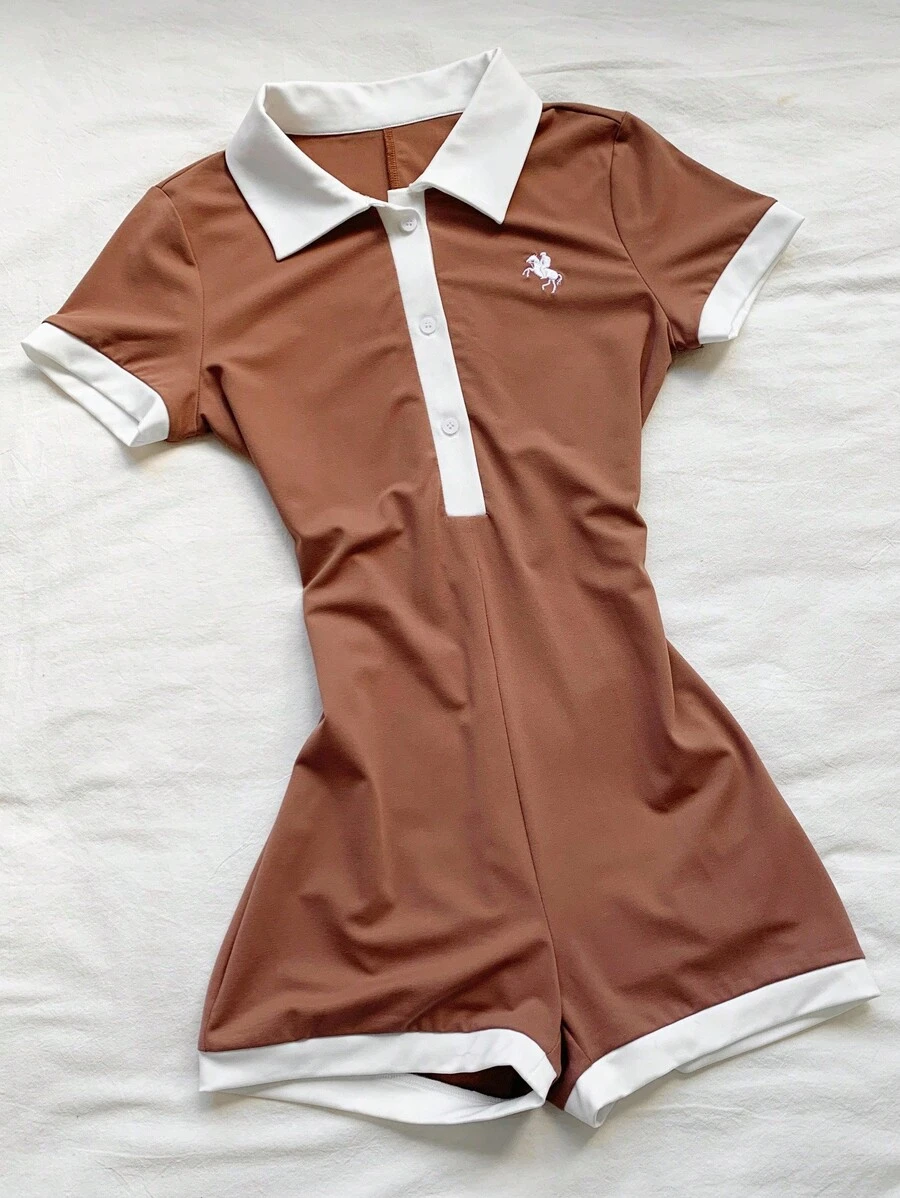 Comfortcana 女式休闲棕色拼色紧身连体裤 - 棕色 - 查看 1