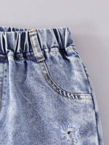 SHEIN Sparklyn 少女款松紧腰破洞牛仔阔腿裤，适合春、夏、秋、冬日常穿着、户外旅行、秋季派对等场合。