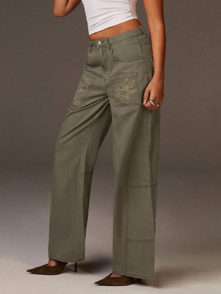 Athîral Denim Women's Minimalist Daily Wear Pentagram Pattern Jeans Studded Cargo Jeans - Khaki - View 1