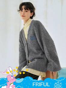 FRIFUL SHEIN X Care Bears 女式 V 领宽松纽扣前开衫，秋冬 - 灰色 - 查看 12