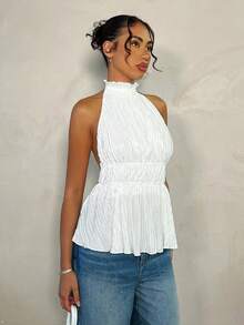 SHEIN BAE ملابس علوية قصير مكشوف الظهر للصيف والعطلات، ملابس علوية مجعد جذاب للمواعدة، ملابس علوية هالتر للنساء للصيف/الربيع/عيد الحب/الكرنفال/عطلة الشاطئ - أبيض - مشاهدة 5