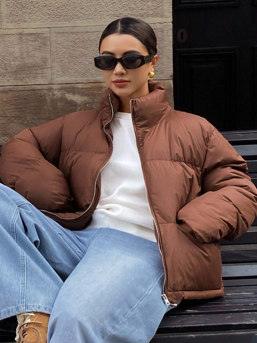 DAZY Solid Color Loose Cropped Zip Pocket Padded Thick Padded Coat For Women Winter Jacket