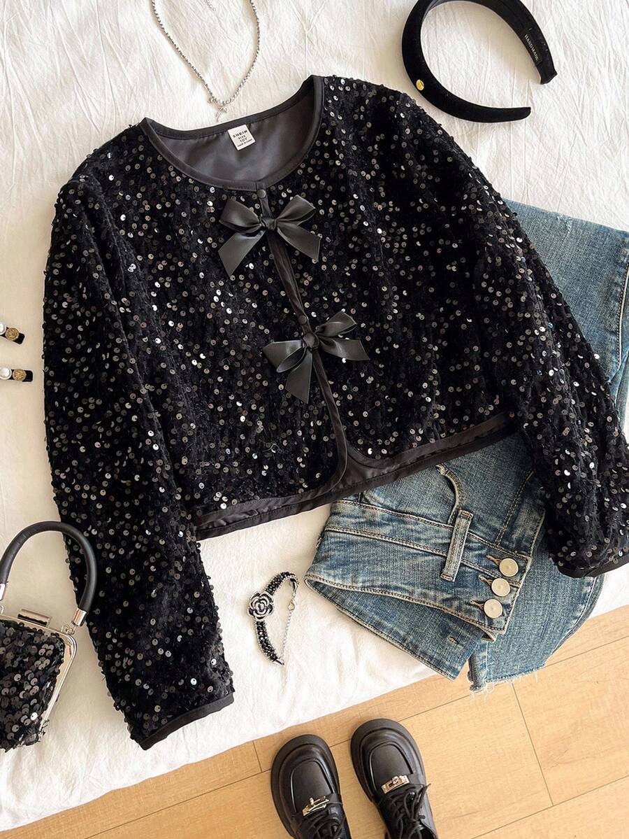 Sparklyn Tween Girls Fashionable 2-Piece Set With Bow & Button Detail Jacket, Cute & Elegant Style Fall Winter