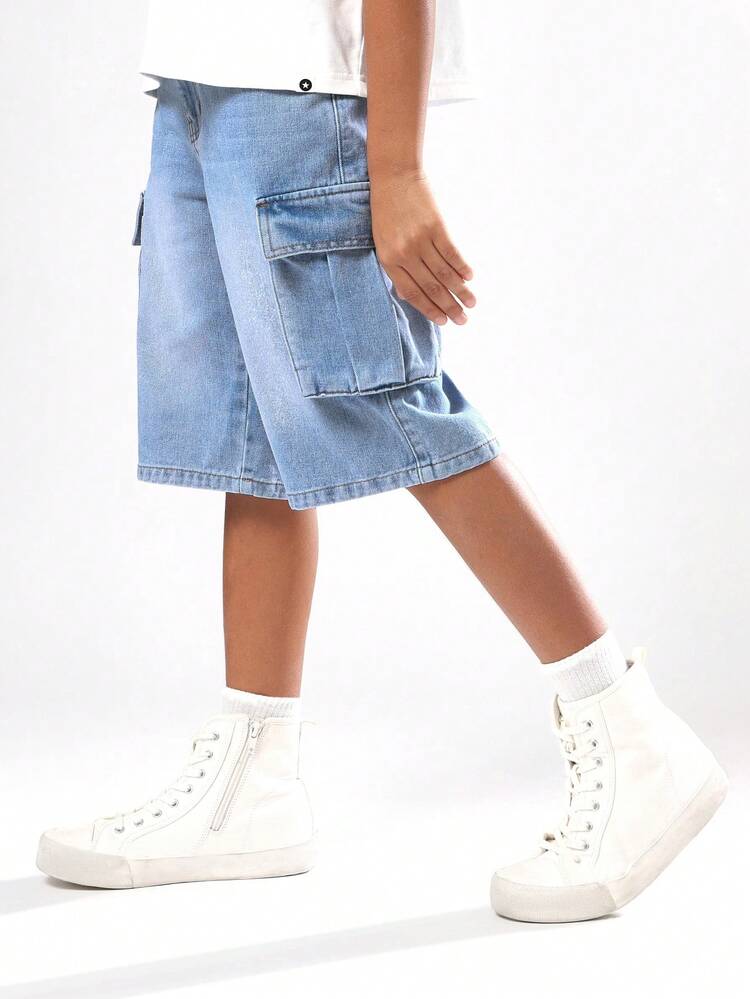 Wide Leg Cargo Denim Jorts With Side Pockets