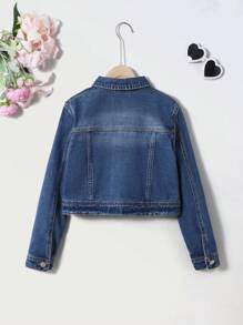 Denimly Girls Casual Daily Urban Street Personalized Distressed Hem Decor Open Front Simple Comfortable Washed Denim Boxy Jacket Fall Winter - Dark Wash - View 2