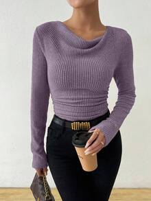 RosyDaze Áo thun dài tay cổ bẻ xếp nếp họa tiết cổ điển không đối xứng, vải thu cho nữ, áo len gân màu tím, áo tím, áo dài tay cho nữ, cổ yếm - Màu tím  Violet - Xem 4