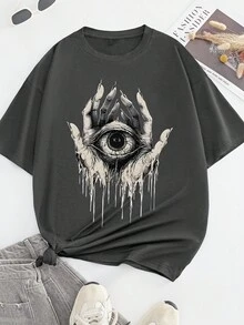 EMERY ROSE Hand & Eye Graphic Print Round Neck Short Sleeve Fashionable Plus Size T-Shirt - Dark Grey - View 3