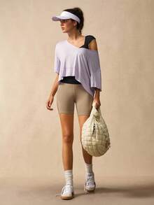 VARSIVA Camiseta deportiva casual para mujer con cuello en V, ajuste holgado y hombros caídos - Morado - Ver 4