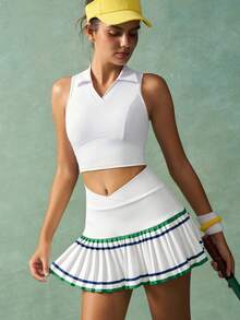 VARSITIE Fustă sport cu dungi contrastante, plisată, talie suprapusă și pantaloni scurți