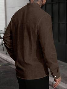 Manfinity CasualCool 男士休闲立领纯棉简约长袖衬衫，长袖上衣，男士秋季户外2025秋季，棕色衬衫男士男士棉质衬衫，适合秋季 - 咖啡棕 - 查看 2