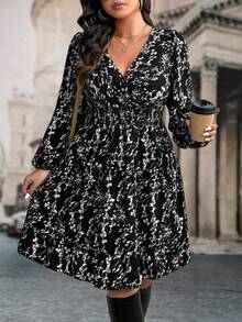 EMERY ROSE Plus Size Women Floral Print Long Sleeve Ruffle Hem Dress, Autumn