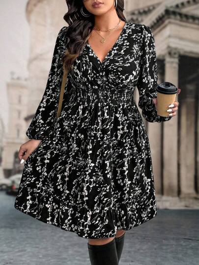 EMERY ROSE Plus Size Women Floral Print Long Sleeve Ruffle Hem Dress, Autumn