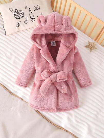 Baby Girls' Hooded Bathrobe With 3d Ear Design And Waist Belt Included