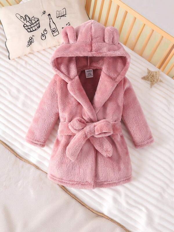 Baby Girls' Hooded Bathrobe With 3d Ear Design And Waist Belt Included