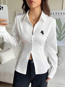 SHEIN EZwear 女士休闲前开襟系带修身长袖衬衫，适合秋冬季节穿着，小巧精致的刺绣Logo，尽显女性优雅气质。 - 彩色 - 查看 5
