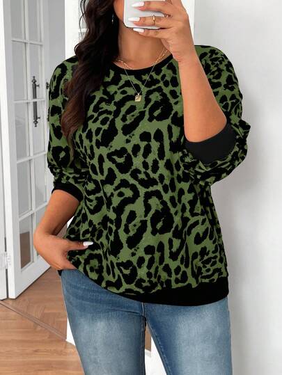 SHEIN Frenchy Plus Size Casual Vintage Leopard Print Crew Neck Sweatshirt Green Leopard Print Top Animal Print Top Leopard Print Tops Green Long Sleeve Top Women Long Sleeve Tops In Fall/Winter