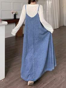 Teen Girl Y2K Casual Sleeveless Loose Cami Maxi Denim Long Dress,Business Casual Woman,Old Money Outfits,Girls Fall Autumn Winter Clothes,Back To School Homecoming Outfits - Medium Wash - View 2