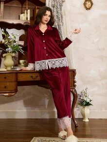 Côtesoire 女士优雅法式撞色蕾丝天鹅绒领上衣及裤子睡衣套装，秋冬服装，圣诞节 - 酒紅色 - 查看 6