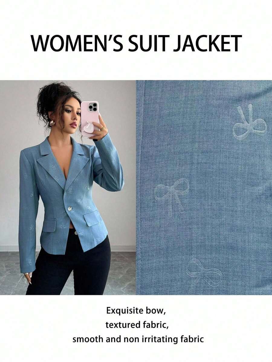 Elenzga 优雅浪漫剪裁蝴蝶结压花牛仔效果女式长袖夹克 - 藍色 - 查看 1