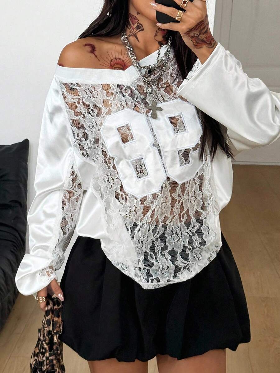Coolane Women's & Men's Summer Streetwear Couple Same Style Y2K Gyaru Fairycore Game Day Contrast Lace Number Pattern Patched Oversized Long Sleeve Jersey T-Shirt - White - View 1
