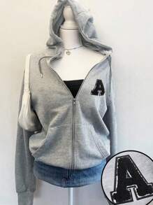 Attitoon Plus Size Women Grey Collegiate Style Casual Hoodie Jacket With Cute Letter Embroidery Pattern, Loose Fit, Suitable For Fall/Winter