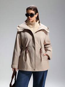 LYSMO 大码三合一户外防风外套，带可拆卸保暖内衬，收腰设计，休闲风格女式防水夹克，女士三合一外套，功能性休闲夹克，秋冬季 - 米色 - 查看 4