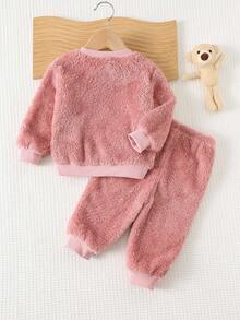 Cozy Pixies 两件套女婴可爱卡通动物表情贴花保暖圆领长袖卫衣搭配松紧腰带毛绒裤，可爱兔子图案睡衣，舒适百搭休闲日常可爱简约风格，适合室内、室外、日常、运动、玩耍、派对、拍照、秋冬季假期穿着。 - 藕粉色 - 查看 2