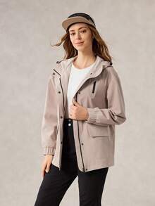 OutZeal 女式防水防风抽绳腰部翻盖口袋连帽户外外套徒步露营 - 卡其色 - 查看 9