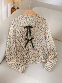 CosyJoli Damen Große Größen bunter Blumen Chiffon Strickjacke, lässige vielseitige Herbst/Winter Konfetti Pullover Mehrfarbiger Pullover Damen Strickpullover Süßer Pullover mit Schleife Mehrfarbiger Pullover - Verschiedenfarbig - Übersicht 2