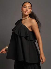 Vixey Top sin mangas con un hombro, con volantes superpuestos y tejido sólido