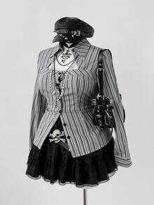 Sunspun Plus Size Women Vintage Elegant Striped Waist Shirt Halloween - Black - View 5