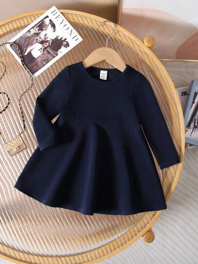 SHEIN Babygirl 可爱简约海军蓝纽扣装饰长袖连衣裙，秋冬