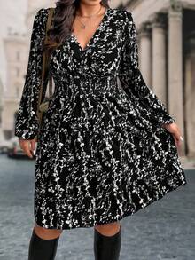 EMERY ROSE Plus Size Women Floral Print Long Sleeve Ruffle Hem Dress, Autumn