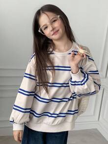 Dazy Kids Tween Girls Striped Crew Neck Fleece Sweatshirt, Fall,Winter - Multicolor - View 5