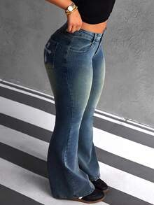 SHEIN ICON Embroidered High-Waisted Flare Jeans - Blue - View 2