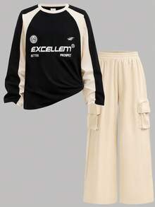 Girlism Tween Girl Color Block Pullover Top And Cargo Pants Set, Boys Back-To-School Jogger Sweatpants Sets, Tween Girl Cow Boy Beige Autumn School Fall Winter Set - Multicolor - View 13