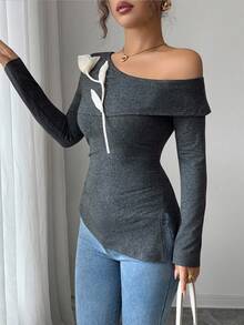 Elenzga Tricou elegant pentru femei, cu mânecă bufantă, decorat cu nasturi, tiv divizat, guler rotund - Caisă - Vizualizare 4